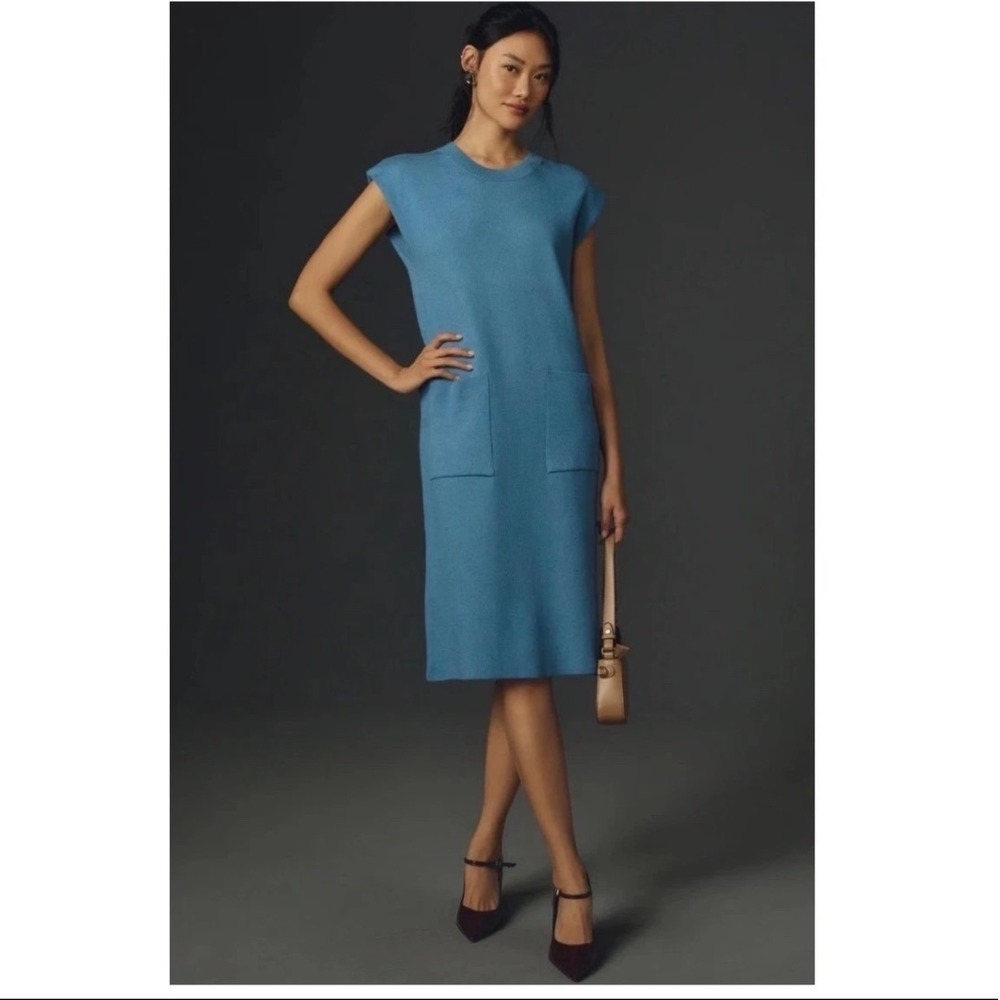 Maeve Anthropologie Blue Sleeveless Sweater Dress Pocket Crew Neck XS
